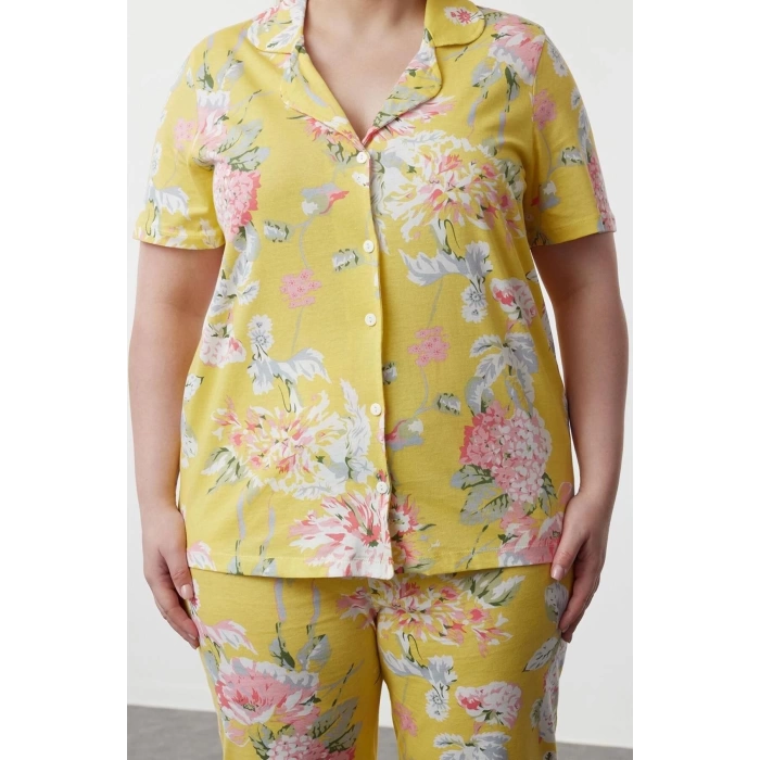 Plus Size Womens 100% Cotton Shirt Collar Short Sleeve Floral Patterned Shirt Collar Knitted Pajama Set