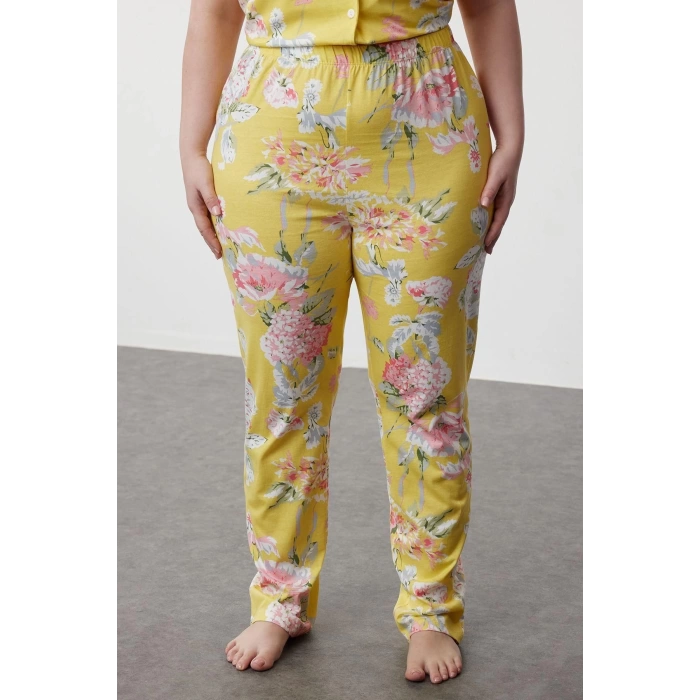 Plus Size Womens 100% Cotton Shirt Collar Short Sleeve Floral Patterned Shirt Collar Knitted Pajama Set