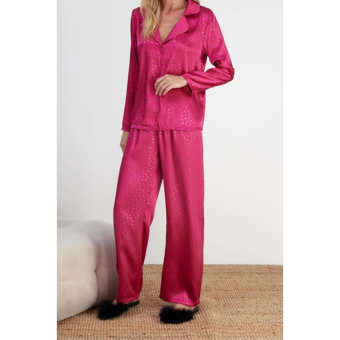 Womens Polyester Shirt Collar Long Sleeve Fuchsia Heart Patterned Satin Shirt-Pants Woven Pajama Set
