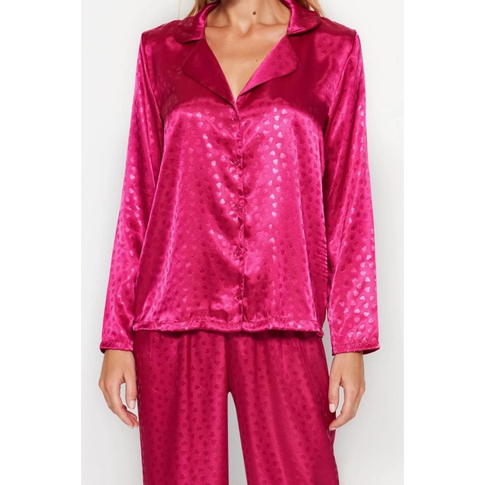 Womens Polyester Shirt Collar Long Sleeve Fuchsia Heart Patterned Satin Shirt-Pants Woven Pajama Set