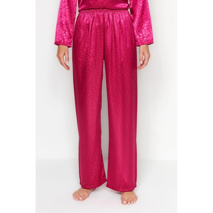 Womens Polyester Shirt Collar Long Sleeve Fuchsia Heart Patterned Satin Shirt-Pants Woven Pajama Set