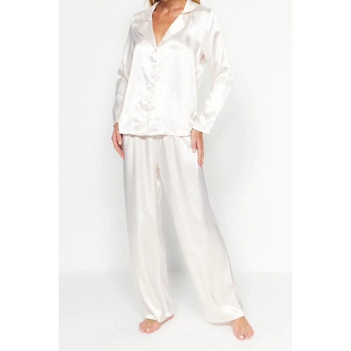 Womens Polyester Shirt Collar Long Sleeve Fuchsia Heart Patterned Satin Shirt-Pants Woven Pajama Set