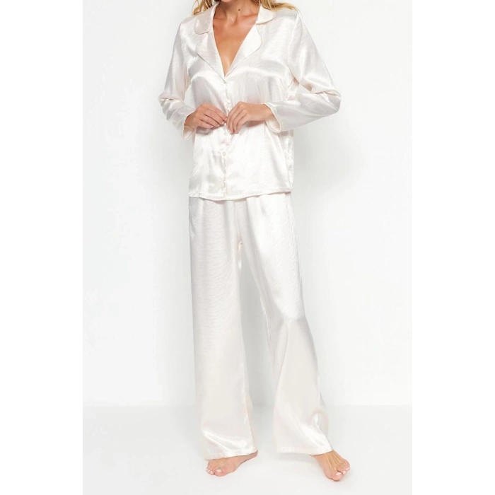 Womens Polyester Shirt Collar Long Sleeve Fuchsia Heart Patterned Satin Shirt-Pants Woven Pajama Set