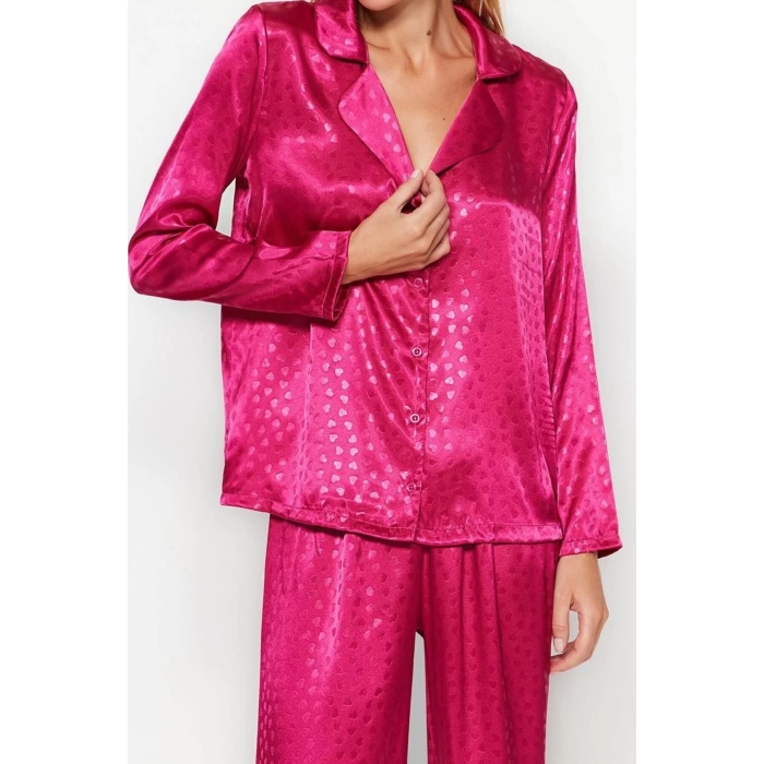 Womens Polyester Shirt Collar Long Sleeve Fuchsia Heart Patterned Satin Shirt-Pants Woven Pajama Set