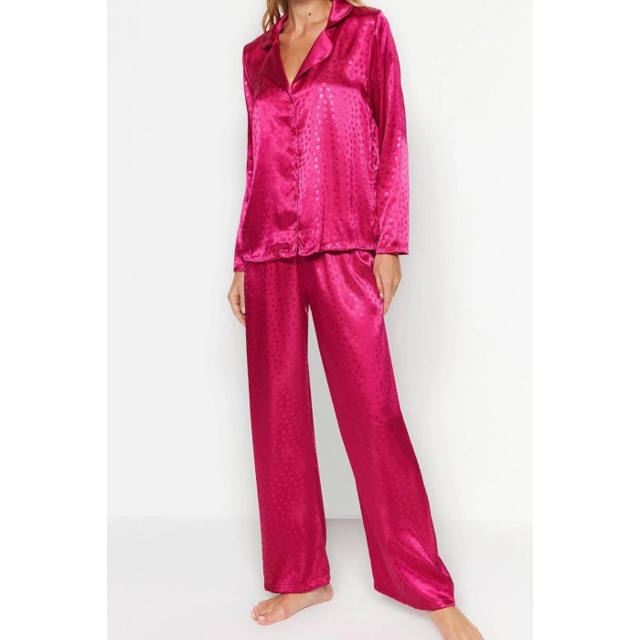 Womens Polyester Shirt Collar Long Sleeve Fuchsia Heart Patterned Satin Shirt-Pants Woven Pajama Set