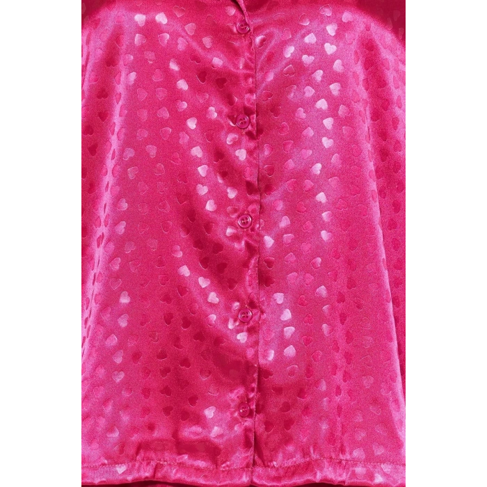 Womens Polyester Shirt Collar Long Sleeve Fuchsia Heart Patterned Satin Shirt-Pants Woven Pajama Set