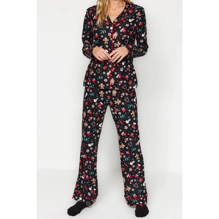 Womens Polyester Shirt Collar Long Sleeve Soft Christmas Themed Shirt-Pants Knitted Pajama Set