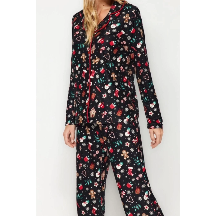 Womens Polyester Shirt Collar Long Sleeve Soft Christmas Themed Shirt-Pants Knitted Pajama Set