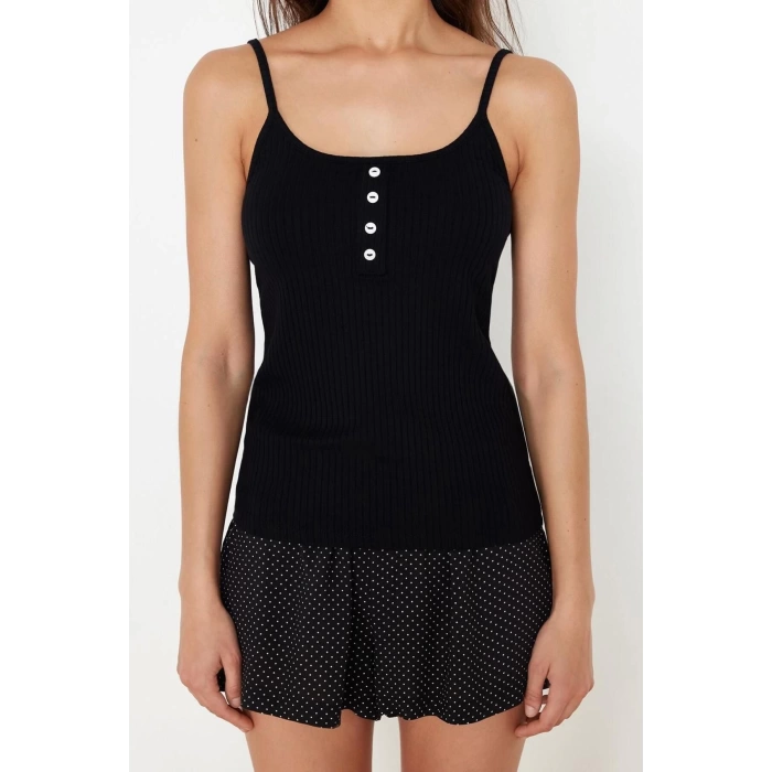 Womens Viscose Pool Collar Strapless Sleeve Polka Dot Button Detailed Rope Strap Knitted Pajama Set