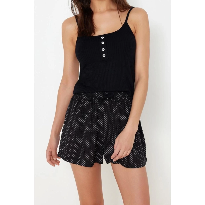 Womens Viscose Pool Collar Strapless Sleeve Polka Dot Button Detailed Rope Strap Knitted Pajama Set