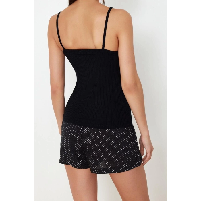 Womens Viscose Pool Collar Strapless Sleeve Polka Dot Button Detailed Rope Strap Knitted Pajama Set