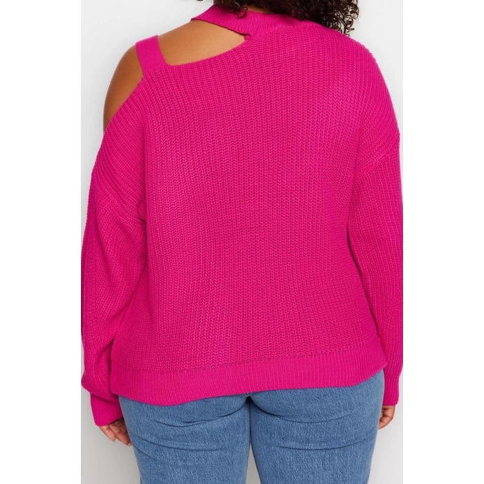 Womens Plus Size Fashion Stylish Regular Crew Neck Long Sleeve Plain Window Cut Out Detailed Knitwear Sweater