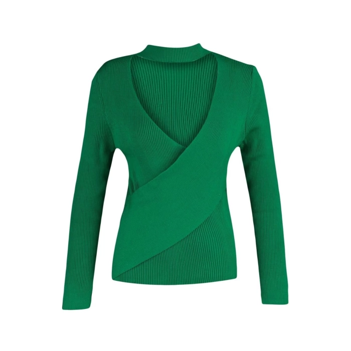 Womens Plus Size Fashion Stylish Regular Choker Collar Long Sleeve Plain Collar Detailed Double Breasted Knitwear Blouse