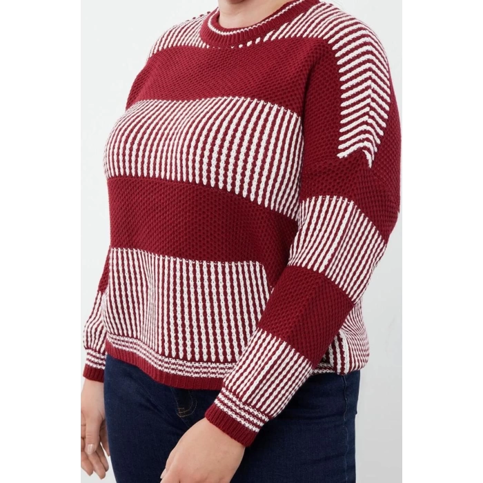 Kadın Büyük Beden Moda Şık Crop Bisiklet Yaka Uzun Kol Çizgili Dokulu Triko Kazak