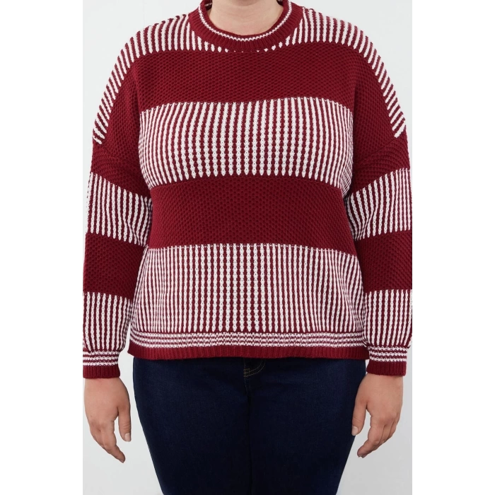 Kadın Büyük Beden Moda Şık Crop Bisiklet Yaka Uzun Kol Çizgili Dokulu Triko Kazak