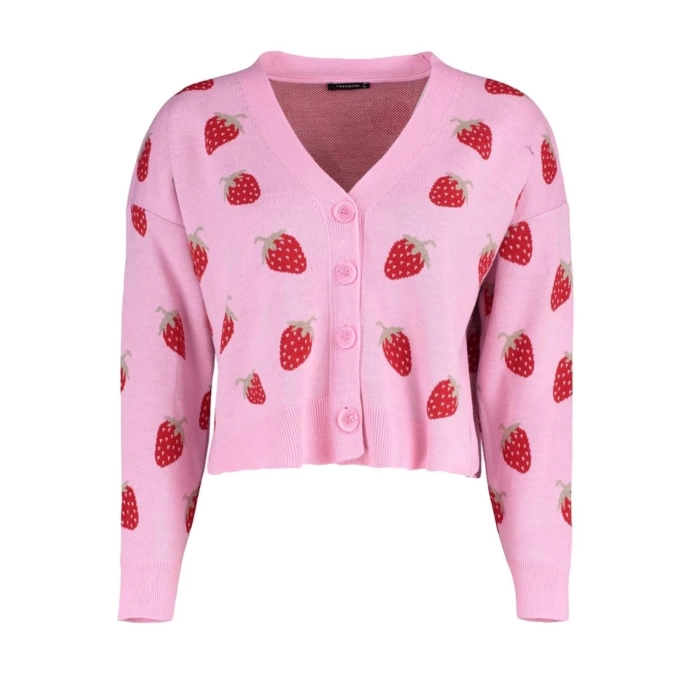 Womens Plus Size Fashion Stylish Regular V Neck Long Sleeve Geometric Strawberry Patterned Crop Knitwear Cardigan