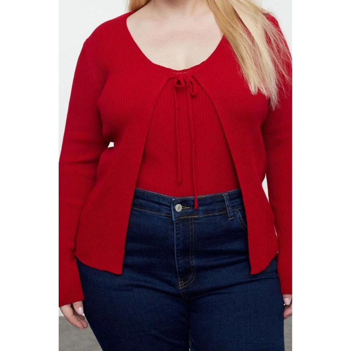 Womens Plus Size Fashion Stylish Crop V Neck Long Sleeve Plain Tie Detailed Thin Knitwear Cardigan & Undershirt Set
