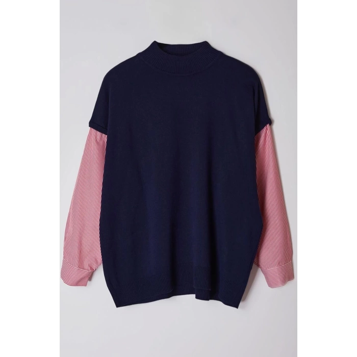 Womens Plus Size Regular Stand Collar Long Sleeve Color Block Multicolored Knitted Mixed Sleeves Sweater
