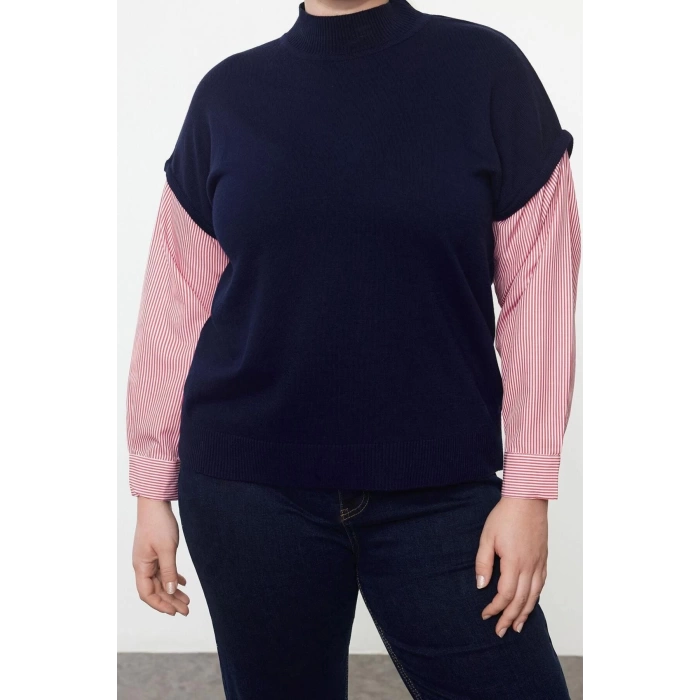 Womens Plus Size Regular Stand Collar Long Sleeve Color Block Multicolored Knitted Mixed Sleeves Sweater