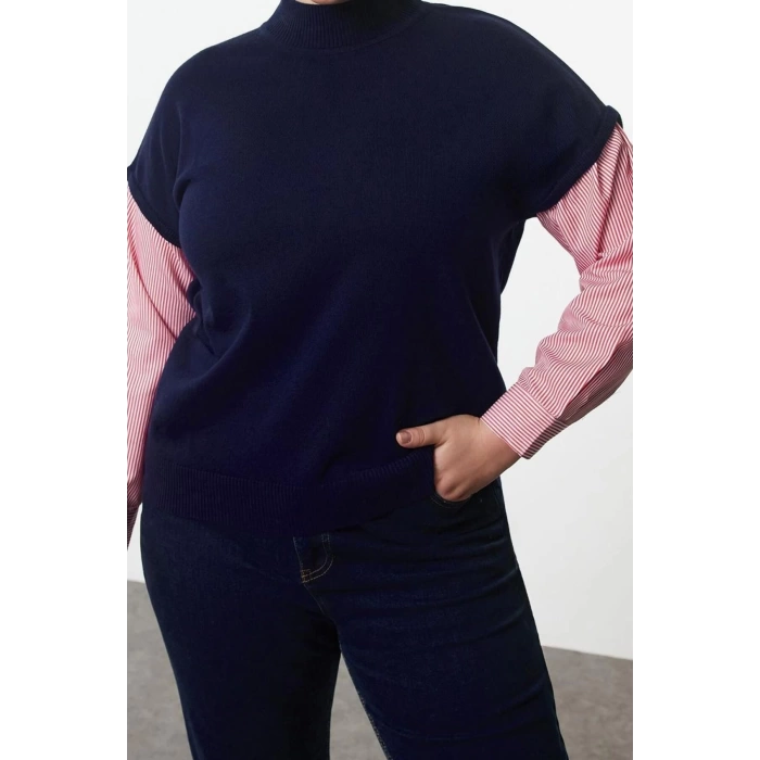 Womens Plus Size Regular Stand Collar Long Sleeve Color Block Multicolored Knitted Mixed Sleeves Sweater