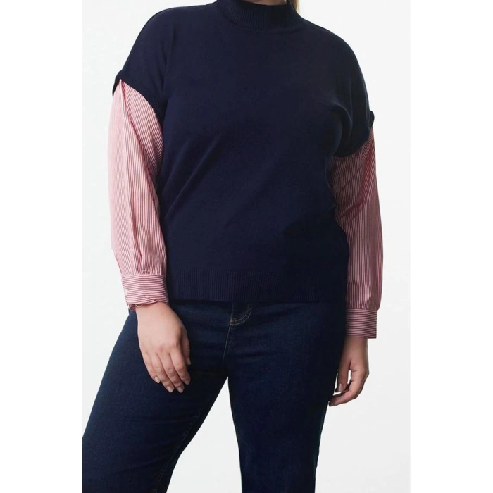 Womens Plus Size Regular Stand Collar Long Sleeve Color Block Multicolored Knitted Mixed Sleeves Sweater