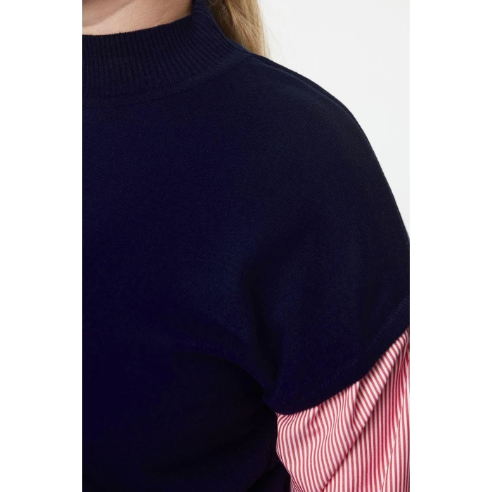 Womens Plus Size Regular Stand Collar Long Sleeve Color Block Multicolored Knitted Mixed Sleeves Sweater