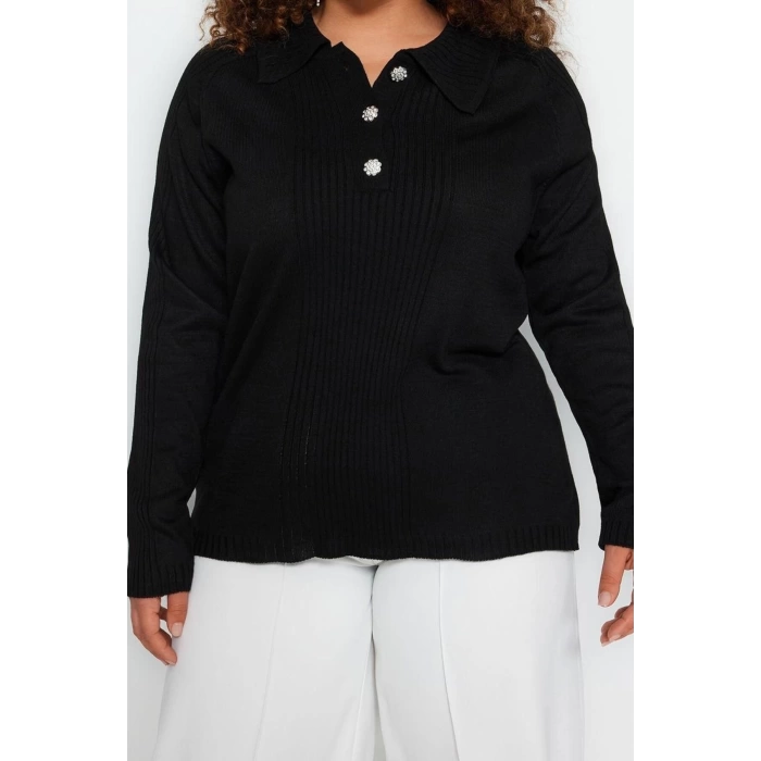 Womens Plus Size Fashion Stylish Regular Polo Neck Long Sleeve Plain Polo Neck Button Closure Knitwear Sweater