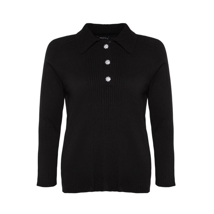 Womens Plus Size Fashion Stylish Regular Polo Neck Long Sleeve Plain Polo Neck Button Closure Knitwear Sweater