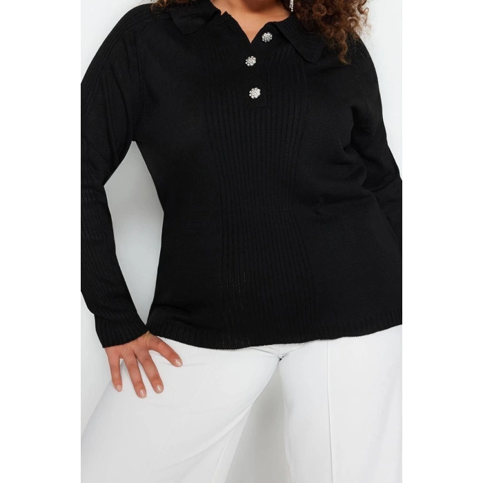 Womens Plus Size Fashion Stylish Regular Polo Neck Long Sleeve Plain Polo Neck Button Closure Knitwear Sweater