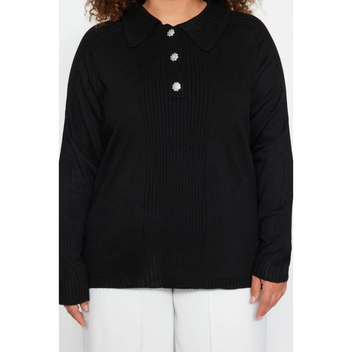 Womens Plus Size Fashion Stylish Regular Polo Neck Long Sleeve Plain Polo Neck Button Closure Knitwear Sweater