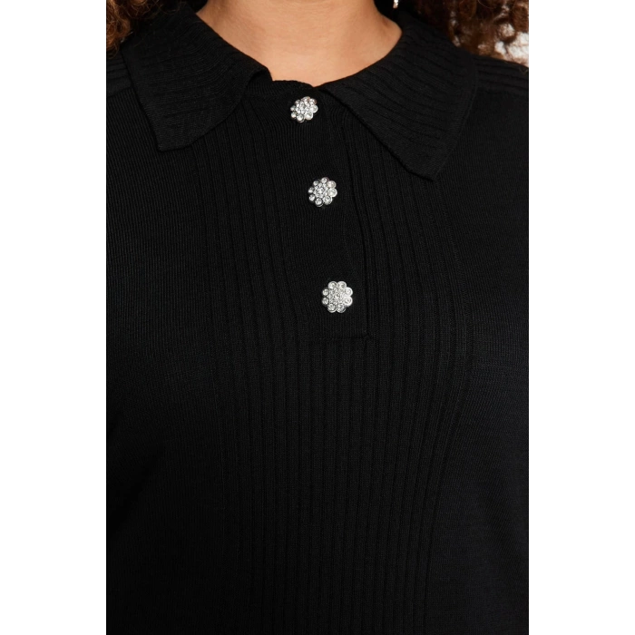 Womens Plus Size Fashion Stylish Regular Polo Neck Long Sleeve Plain Polo Neck Button Closure Knitwear Sweater