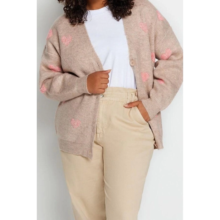Womens Plus Size Fashion Stylish Regular Jacket Collar Long Sleeve Heart Heart Patterned Knitwear Cardigan