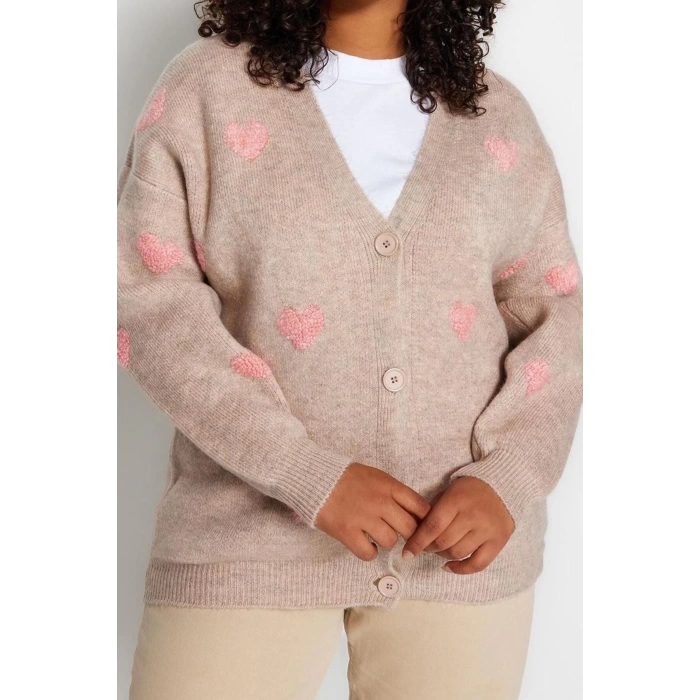 Womens Plus Size Fashion Stylish Regular Jacket Collar Long Sleeve Heart Heart Patterned Knitwear Cardigan