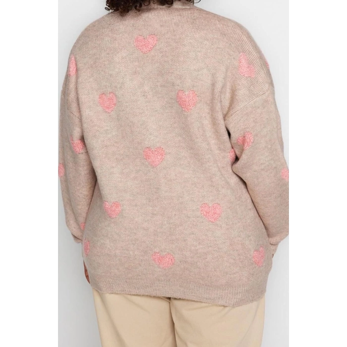 Womens Plus Size Fashion Stylish Regular Jacket Collar Long Sleeve Heart Heart Patterned Knitwear Cardigan