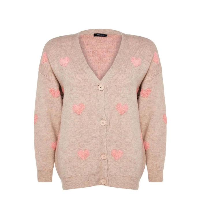 Womens Plus Size Fashion Stylish Regular Jacket Collar Long Sleeve Heart Heart Patterned Knitwear Cardigan
