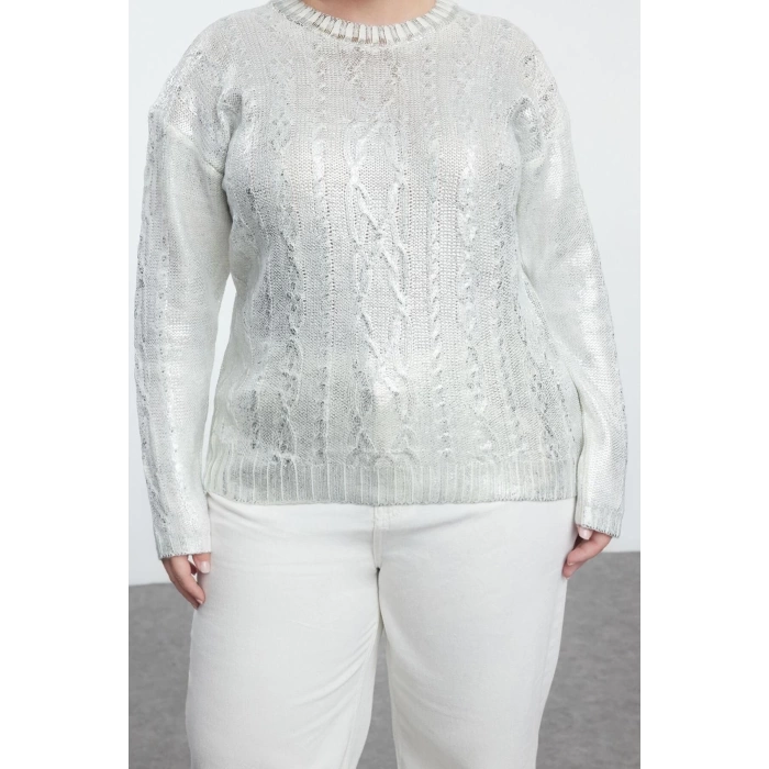 Kadın Büyük Beden Moda Şık Crop Bisiklet Yaka Uzun Kol Saç Örgü Varaklı lü Crop Triko Kazak