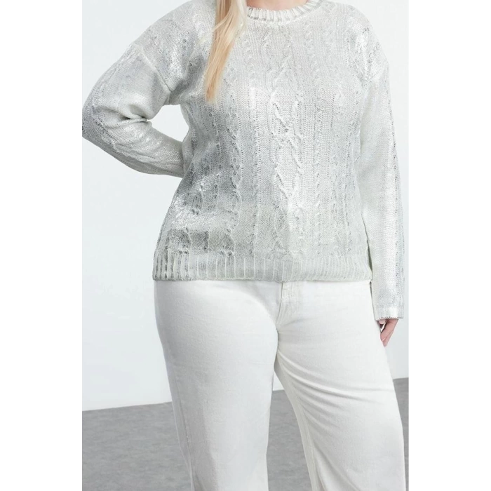 Kadın Büyük Beden Moda Şık Crop Bisiklet Yaka Uzun Kol Saç Örgü Varaklı lü Crop Triko Kazak