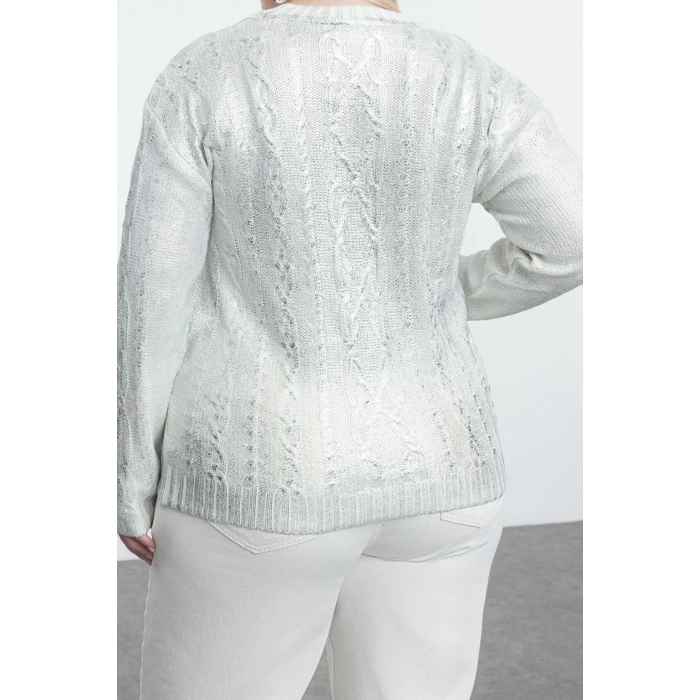 Kadın Büyük Beden Moda Şık Crop Bisiklet Yaka Uzun Kol Saç Örgü Varaklı lü Crop Triko Kazak