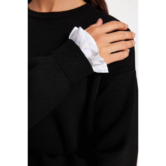 Womens Hijab Fashion Stylish Midi Crew Neck Long Sleeve Plain Sleeve Ruffle Detailed Knitwear Sweater