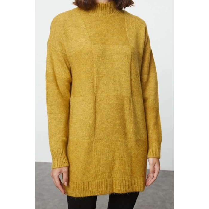 Womens Hijab Fashion Stylish Midi Stand Collar Long Sleeve Geometric Soft Texture Knitwear Sweater