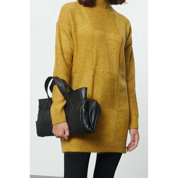 Womens Hijab Fashion Stylish Midi Stand Collar Long Sleeve Geometric Soft Texture Knitwear Sweater