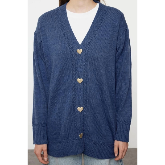 Womens Hijab Fashion Stylish Regular V Neck Long Sleeve Plain Heart Button Knitwear Cardigan