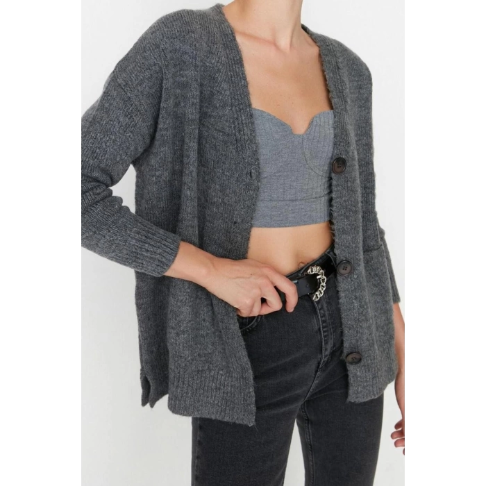 Women Fashion Stylish Regular V Neck Long Sleeve Plain Basic Soft Texture Knitwear Cardigan