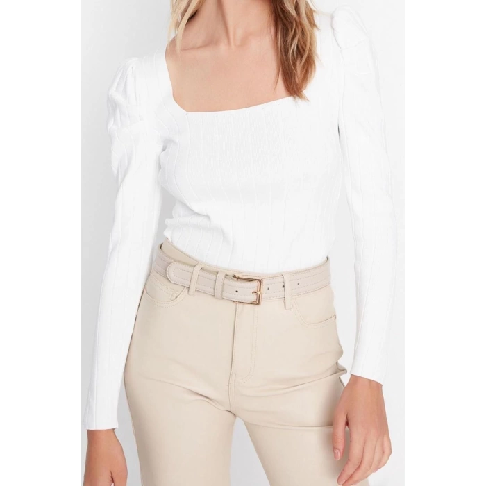 Women Fashion Stylish Regular Square Neck Long Sleeve Plain Gathered Square Neck Knitwear Sweater