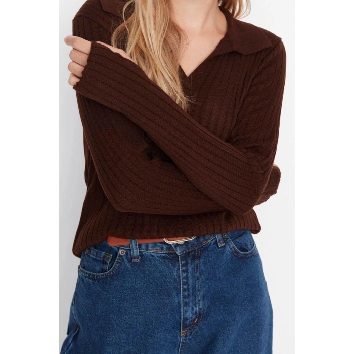 Women Fashion Stylish Regular Polo Neck Long Sleeve Plain Sleeve Detail Polo Neck Knitwear Sweater
