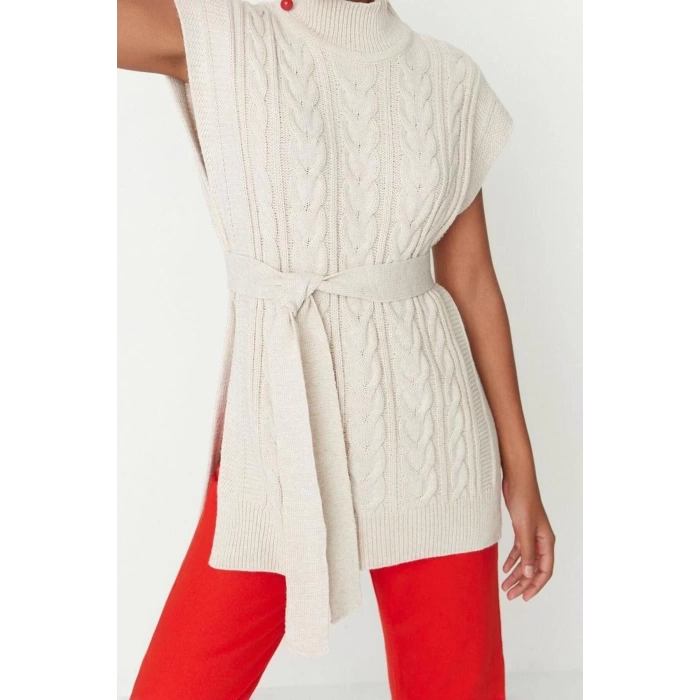 Women Fashion Stylish Long Stand Collar Sleeveless Hair Knitting Wide Pattern Wool Belted Knitwear Sweater
