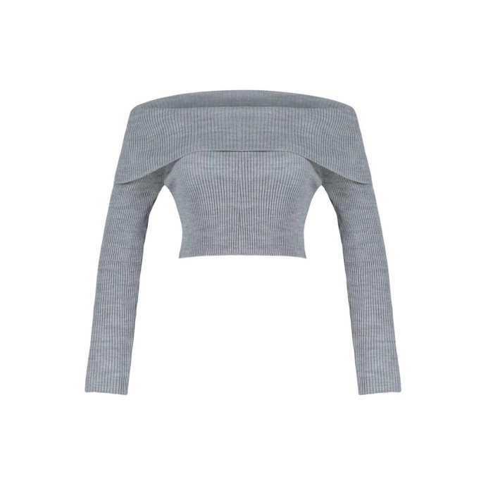 Women Fashion Stylish Crop Carmen Collar Long Sleeve Plain Super Crop Carmen Collar Knitwear Sweater