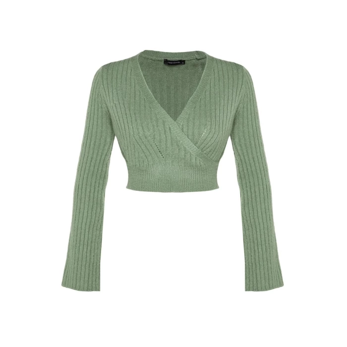 Kadın Moda Şık Crop Kruvaze Uzun Kol Düz Crop Yumuşak Dokulu Kruvaze Triko Kazak