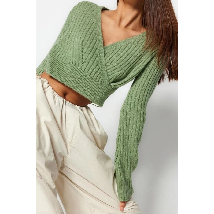 Kadın Moda Şık Crop Kruvaze Uzun Kol Düz Crop Yumuşak Dokulu Kruvaze Triko Kazak