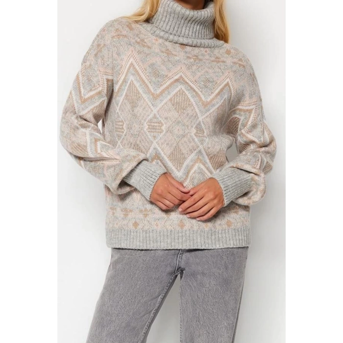 Women Fashion Stylish Regular Turtleneck Long Sleeve Ethnic Patterned Soft Texture Turtleneck Knitwear Sweater